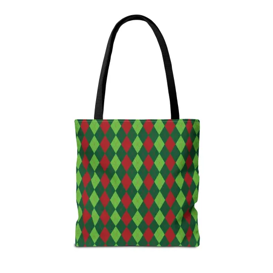 Christmas Argyle Tote Bag - Holiday Shoulder Bag, Xmas Plaid Shopping Bag