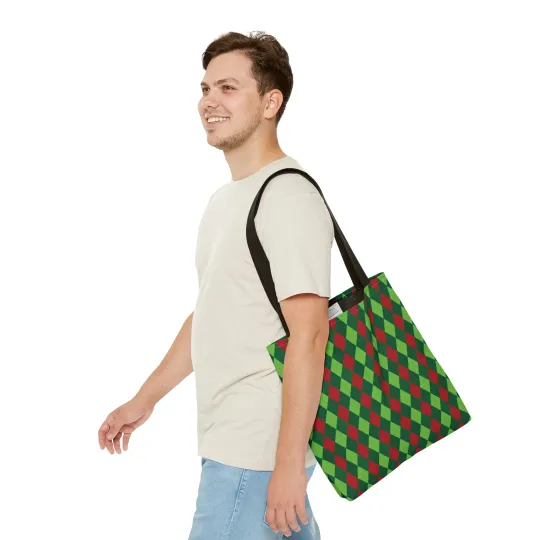 Christmas Argyle Tote Bag - Holiday Shoulder Bag, Xmas Plaid Shopping Bag