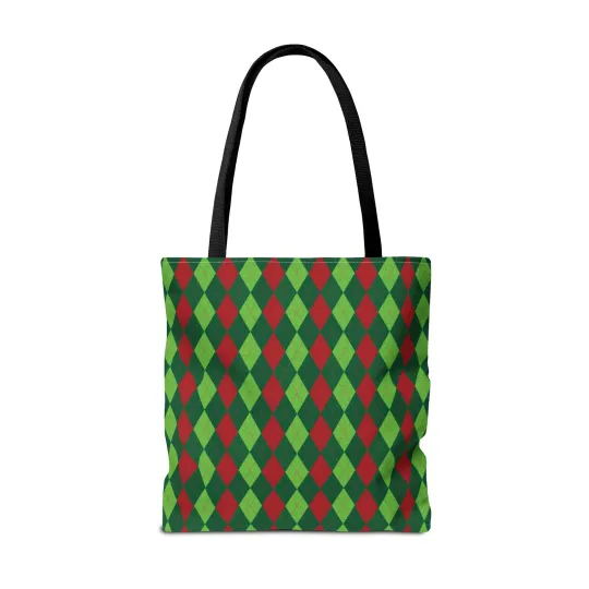 Christmas Argyle Tote Bag - Holiday Shoulder Bag, Xmas Plaid Shopping Bag