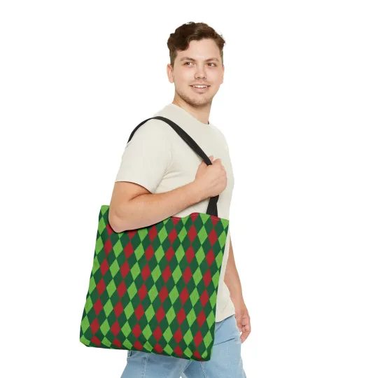 Christmas Argyle Tote Bag - Holiday Shoulder Bag, Xmas Plaid Shopping Bag