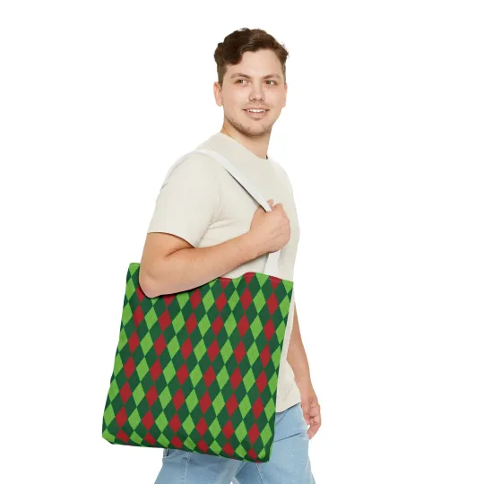 Christmas Argyle Tote Bag - Holiday Shoulder Bag, Xmas Plaid Shopping Bag