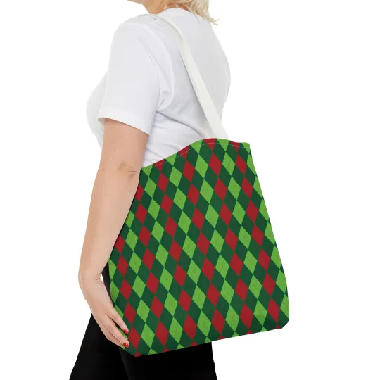 Christmas Argyle Tote Bag - Holiday Shoulder Bag, Xmas Plaid Shopping Bag