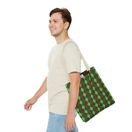 Christmas Argyle Tote Bag - Holiday Shoulder Bag, Xmas Plaid Shopping Bag
