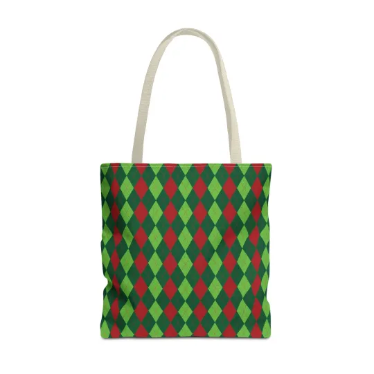 Christmas Argyle Tote Bag - Holiday Shoulder Bag, Xmas Plaid Shopping Bag