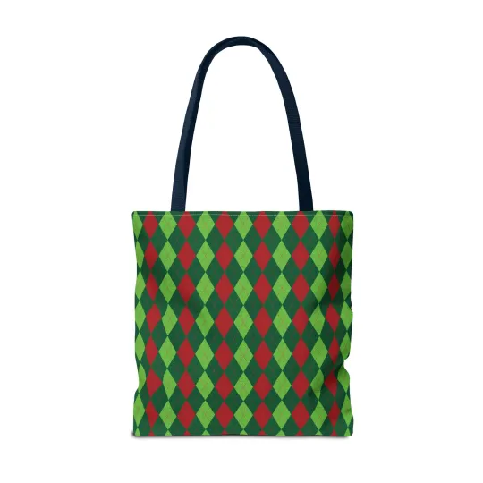 Christmas Argyle Tote Bag - Holiday Shoulder Bag, Xmas Plaid Shopping Bag
