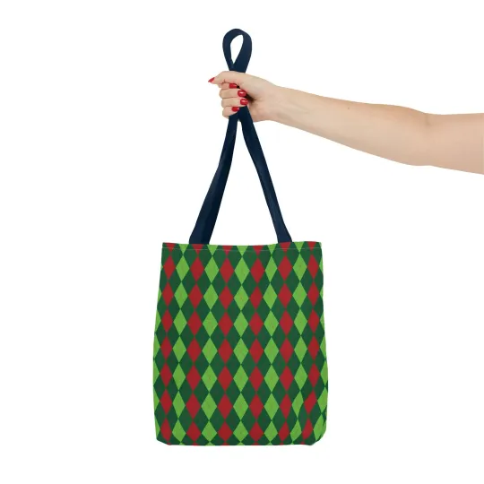 Christmas Argyle Tote Bag - Holiday Shoulder Bag, Xmas Plaid Shopping Bag