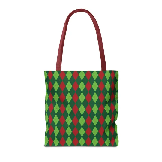 Christmas Argyle Tote Bag - Holiday Shoulder Bag, Xmas Plaid Shopping Bag