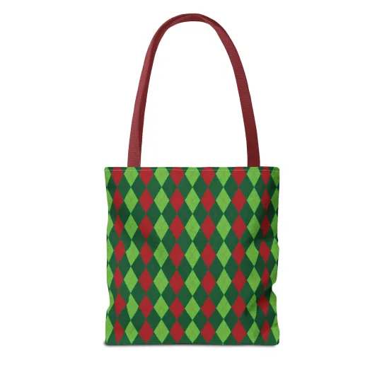 Christmas Argyle Tote Bag - Holiday Shoulder Bag, Xmas Plaid Shopping Bag