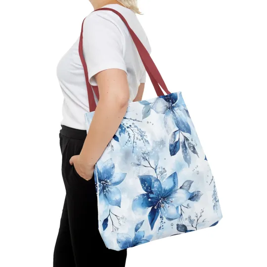 Light Blue Floral Tote Bag for Women, Spring Blossom Pattern