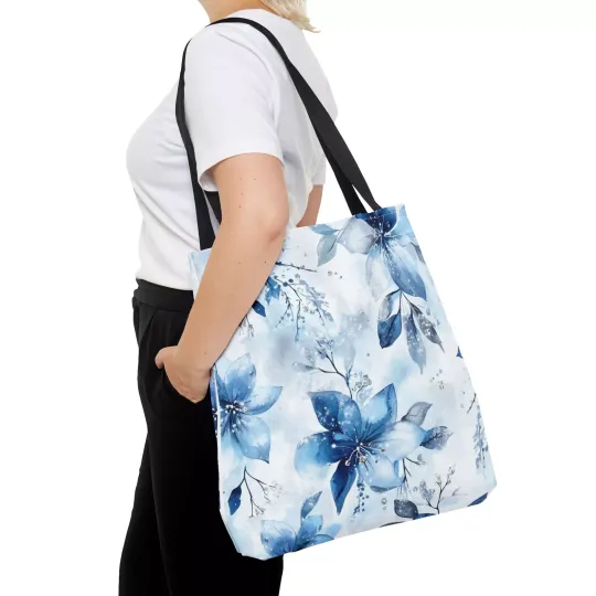 Light Blue Floral Tote Bag for Women, Spring Blossom Pattern