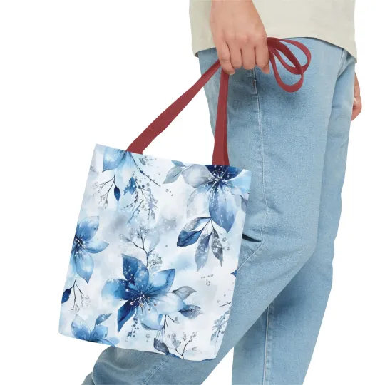 Light Blue Floral Tote Bag for Women, Spring Blossom Pattern