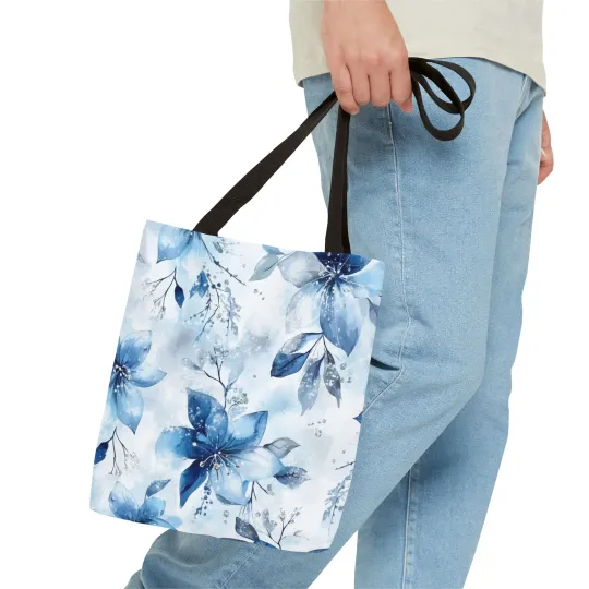 Light Blue Floral Tote Bag for Women, Spring Blossom Pattern