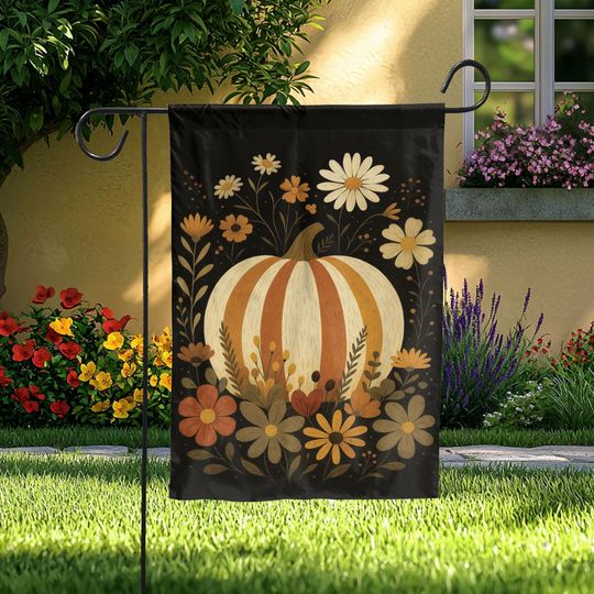 Discover Rustic Pumpkin Garden Flag  Neutral Fall Floral Yard Decor  Autumn Striped Pumpkin Outdoor Sign  Harvest Thanksgiving Banner