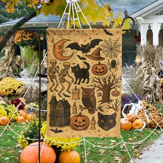 Vintage Halloween Garden Flag, Retro Spooky Yard Decor with Skeletons, Cat, Pumpkins, Haunted House & Full Moon