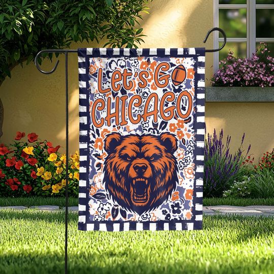 Chicago Bears Garden Flag, Let's Go Yard Banner with Roaring Bear, Football Team Outdoor Decor, Sports Fan Yard Decoration