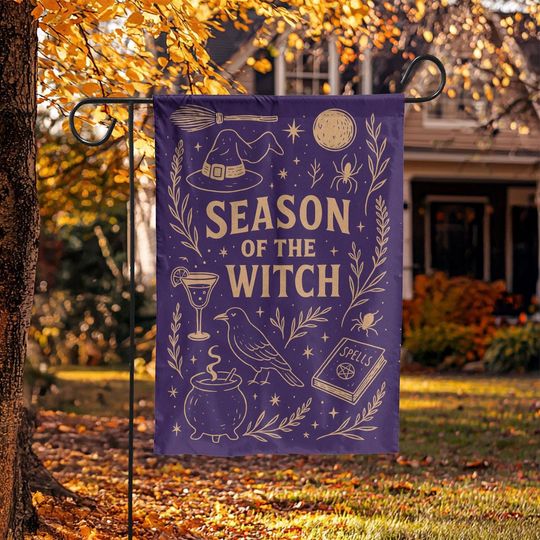Discover Season of the Witch Garden Flag, Halloween Outdoor Decor, Witch Hat Cauldron Raven Spells, Spooky Fall Yard Decoration Sig, Gift for Her
