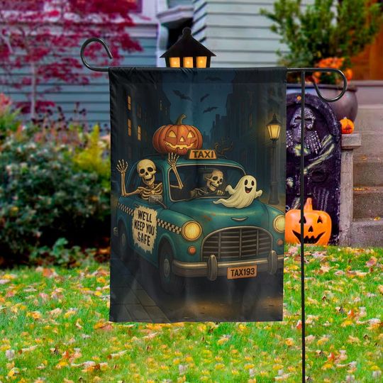 Discover Halloween Garden Flag, Skeletons Driving Taxi with Pumpkin and Ghost, Funny Spooky Outdoor Yard Decoration for Scary Fall Holiday