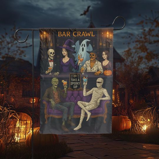 Discover Halloween Bar Crawl Garden Flag  Witch Zombie Mummy Skeleton Ghost at Spooky Pub, Funny Fall Outdoor Yard Decor, Gift for Party Lovers