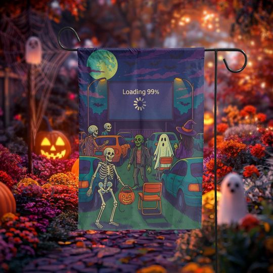 Discover Loading 99% Halloween Garden Flag, Funny Skeleton Ghost Zombie Drive-In Scene, Spooky Fall Yard Decor, Trick or Treat Outdoor Flag