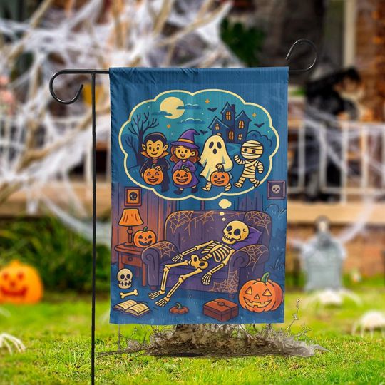 Discover Funny Halloween Garden Flag, Skeleton Dreaming of Trick or Treat, Cute Spooky Yard Decor, Fall Outdoor Decoration for Haunted Homes