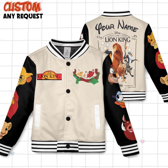 Custom The Lion King Simba Pumba Team With Mickey Balloon Kids and Youth Baseball Jacket, Aldult Unisex Varsity Baseball Jacket