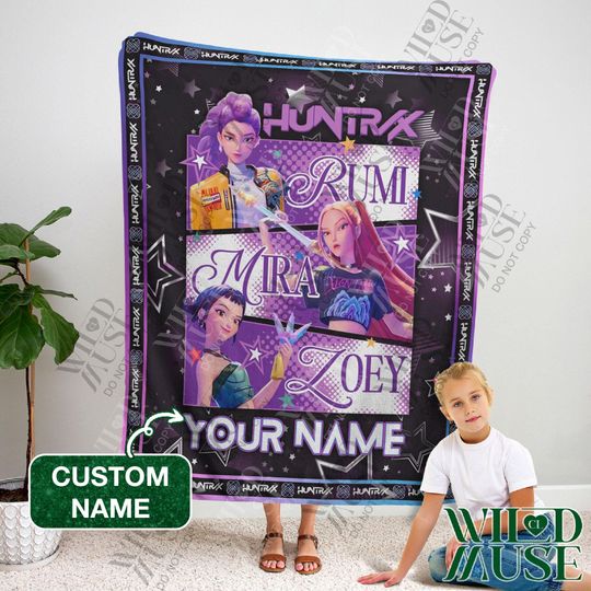 Discover Custom Huntrix Blanket, Personalized Kpop Demon Hunter Plush Blanket, Custom Huntrix Rumi, Mira, Zoey Blanket, Gift for Huntrix fans