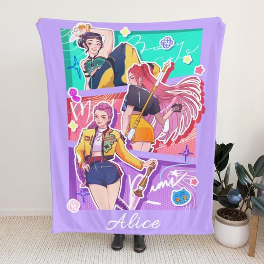 Discover Kpop Demon Hunter Blanket with Name, Name Anime Girls Throw Blanket, Custom Soft Warm Gift for Huntrix Fans, Custom Huntrix Blanket Throw