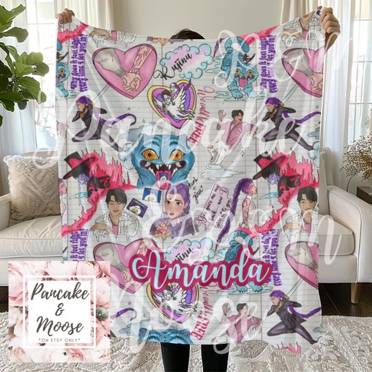 Discover Personalized Kpop Demon Hunters Blanket - Custom Name Anime Kpop Fandom Throw, Soft Cozy Blanket Gift for Teens and Kpop Fans