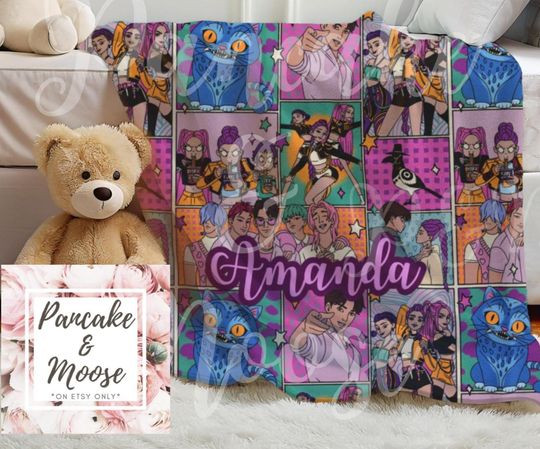 Discover Personalized Kpop Demon Hunters Blanket, Custom Name Throw with Comic Panel Design Featuring Soda Pop Boys Mira Rumi Zoey and Derby