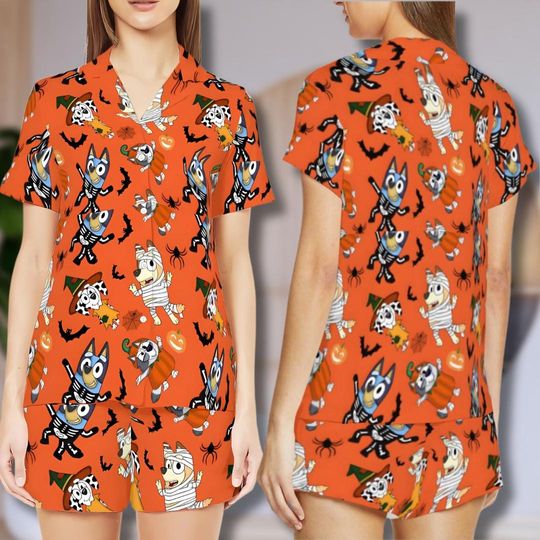 Blue Dog Halloween Pajama Set: Women's Polyester Cotton Loungewear
