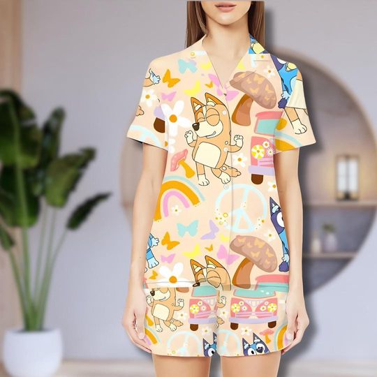 BlueyDad and Bingo Pajama Set: Soft Polyester Cotton-Like Fabric