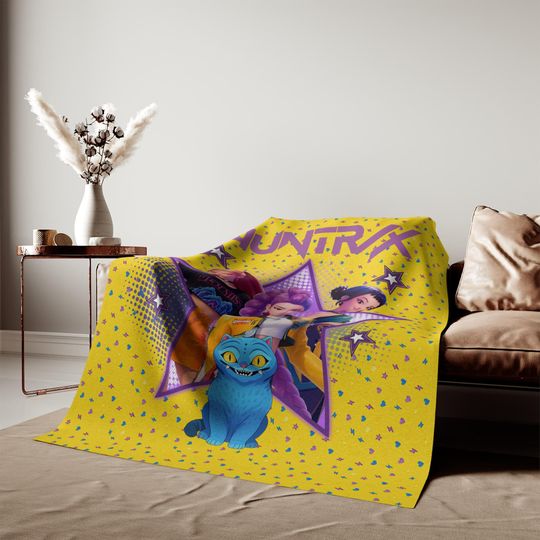 Huntrix K-Pop Demon Hunters Sweatshirt Fleece Blanket, Yellow Anime Style Throw for Couch Bed