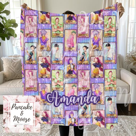 Discover Personalized Kpop Demon Hunters Blanket, Custom Name Throw with Character Card Design Featuring Mira Rumi Zoey and More