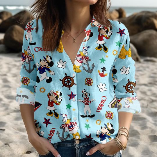 Mickey Cruise Blouse Shirt, Disney Cruise Women Shirt, Mickey And Friends Button Up Shirt, Disneyland Shirt, Disney World Gift For Her