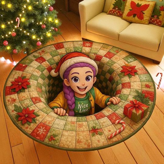 Discover Rumi Kpop Demon Hunter 3D Illusion Rug, Huntrix Holiday Round Carpet, Cute Anime Xmas Floor Mat For Living, Christmas Home Decor
