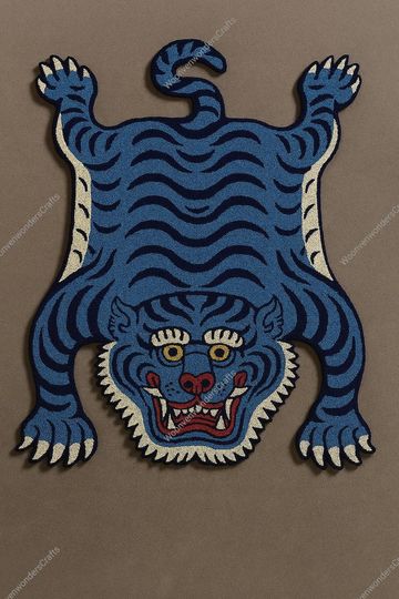 Discover Handmade Blue Tiger Rug  Wool Tibetan Tiger Carpet | Animal Shaped Boho Rug for Living Room, Bedroom Decor