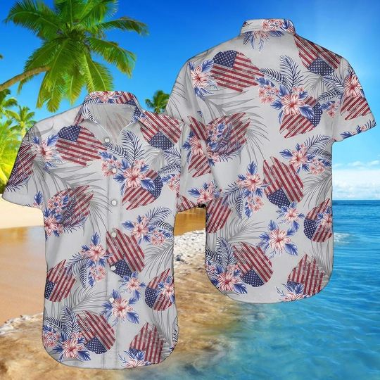 Discover Floral American Flag Heart Hawaiian Shirt, Patriotic Summer Button Shirt, 4th of July Vacation Wear, 4th of July Hawaiian Shirt