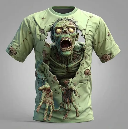 Discover Halloween Zombie T-Shirt, 3D Horror Graphic Tee, Grunge Undead Streetwear