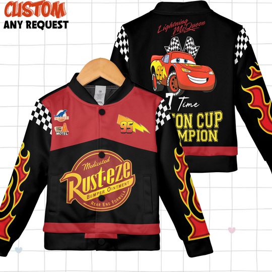 Discover Vintage Lightning Mcqueen 95 Fleece Bomber Jacket, Rust-Eze Cars Piston Cup Champion Racing Jacket, Radiator Springs, Disneyland Family Trip