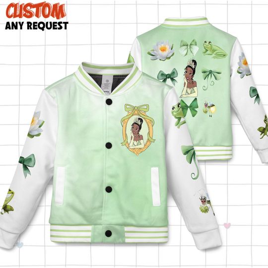 Discover Disney Tiana Princess Coquette Bow Kid Varsity Jacket, WDW Disneyland Princess Girl Trip Varsity Jacket, Princess Birthday Girl Sweatshirt