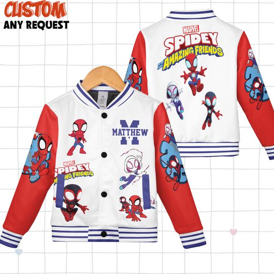 Custom Spidey And His Amazing Friends Varsity Jacket, Kids Varsity Jacket, Spiderman Baseball Jacket, Birthday Boy Gift, Spidey Shirt