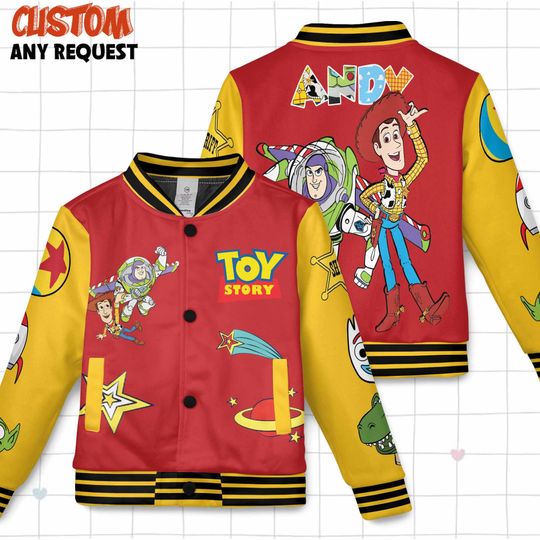Discover Custom Name Toy Story Big Face On Sleeves Kids and Youth Baseball Jacket, Aldult Unisex Varsity Baseball Jacket