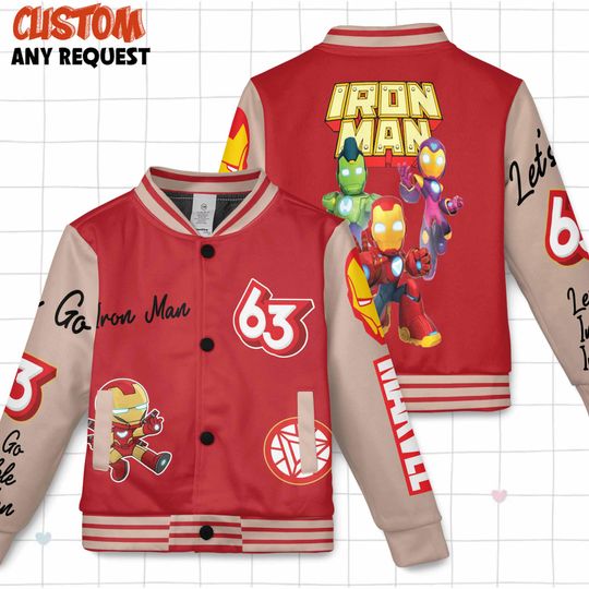 Iron Man Marvel Super Herro Kids and Youth Baseball Jacket, Aldult Unisex Varsity Baseball Jacket, Iron Man Baseball Jacket