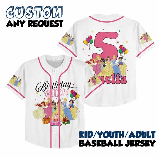 Discover Personalized Disney Princesses Birthday Baseball Jersey, Custom Disney Princesses Squad Birthday Present Gift, Disneyland Family Trip Tee