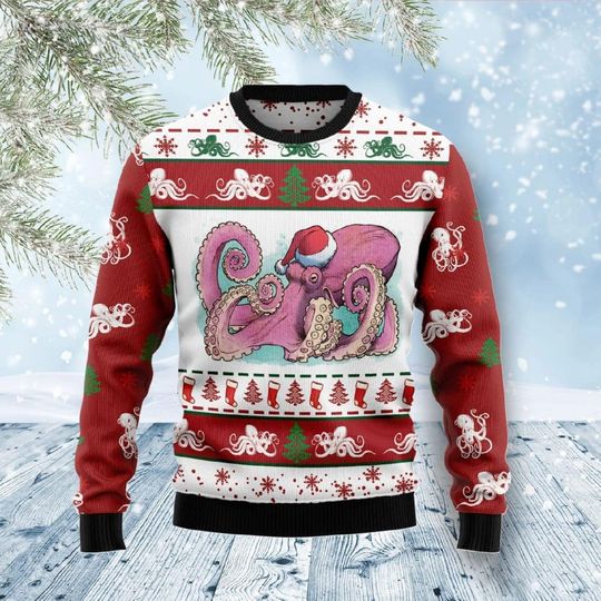 Discover Octopus Santa Hat Ugly Christmas Sweater, Ocean Animal Christmas Sweatshirt