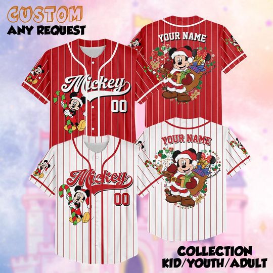 Personalized Mickey Mouse Santa Baseball Jersey, Custom Disney Christmas Shirt, Cute Mickey Xmas Holiday Outfit, Matching Family Disney Tee