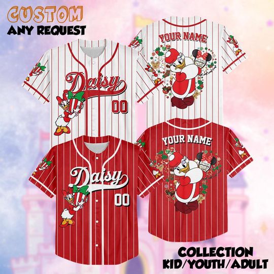 Discover Personalized Daisy Duck Christmas Baseball Jersey, Custom Disney Shirt, Daisy Holiday Outfit, Matching Family Tee, Christmas Gift