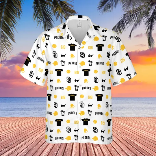 Discover San Diego team Padre hawaiian, 618 shirt, white, SGA camp shirt