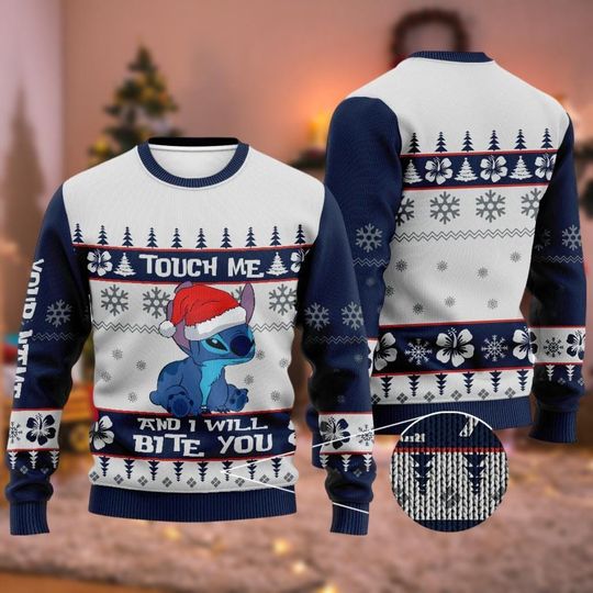 Discover Touch Me And I Will Bite You Stitch Ugly Sweater, Stitch Santa Hat Adult Kid Sweatshirt, Stitch And Lilo Shirt, Disney Christmas Gift