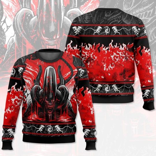 Retro Alien Xenomorph Ugly Sweater, 70s Horror Movie Vinyl Alien Series Christmas Gift